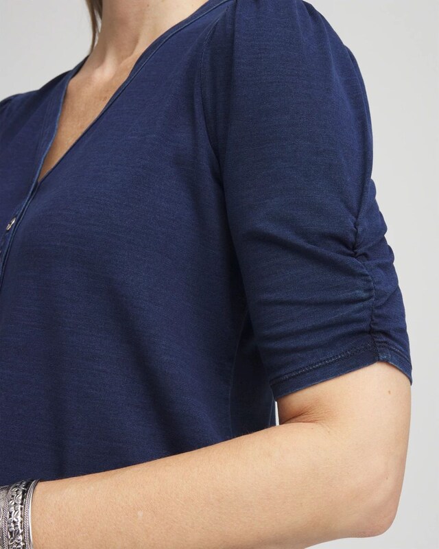 Denim Shirred-Sleeve Henley Tee - image 4
